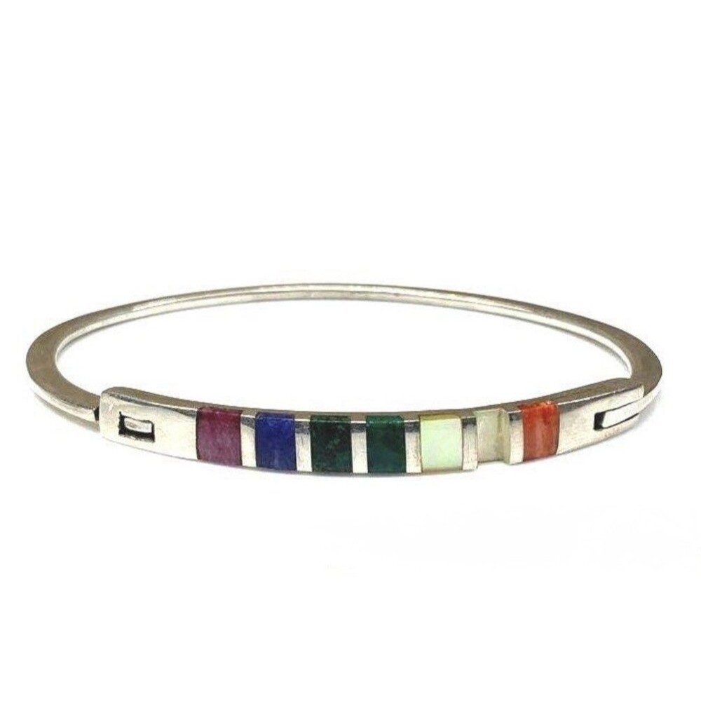 Peruvian 950 Sterling Silver Inca Chakra Gemstone Inlay Hinged Bangle 11.6g Read